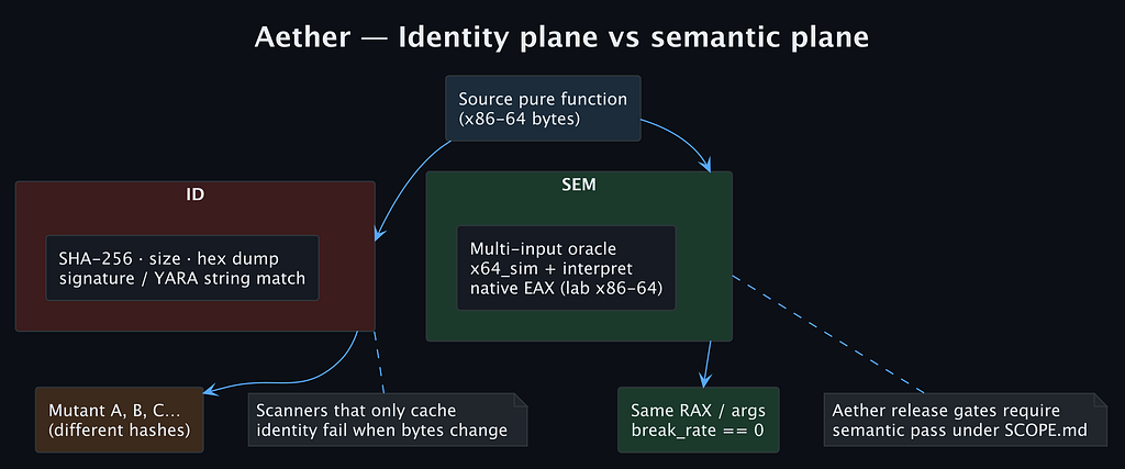 Diagram contrasting the identity plane (SHA-256, size, hex dump, YARA string match) with the semantic plane (multi-input oracle, simulator, native execution)