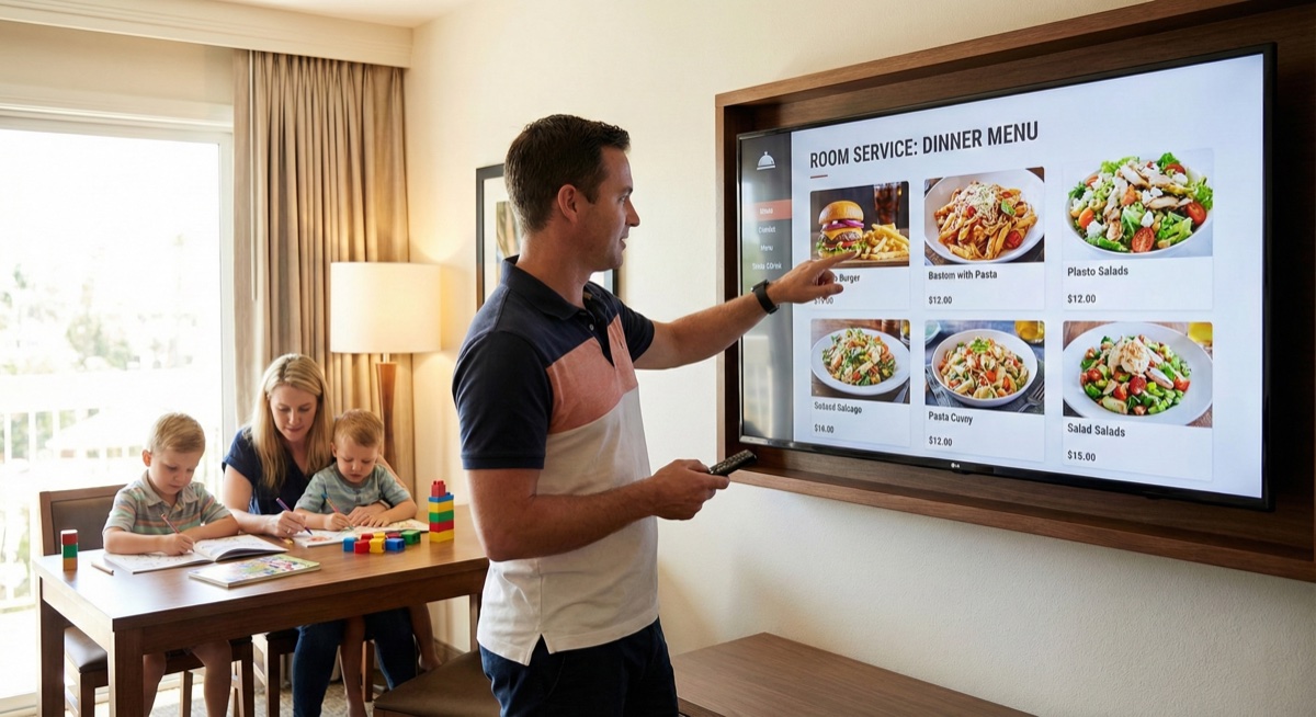 Hotel entertainment system with HMS/PMS integration